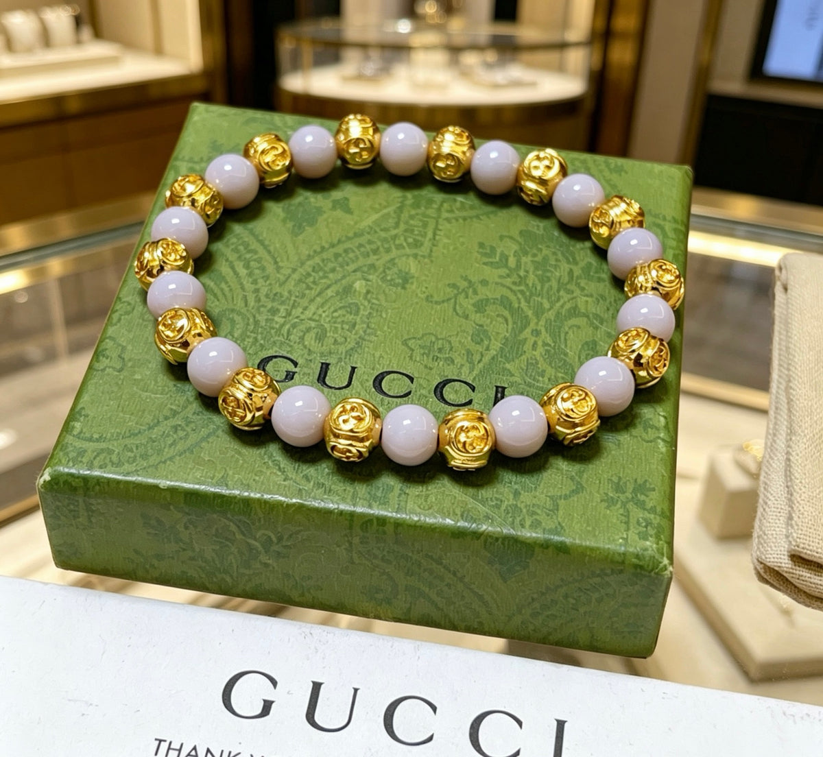 Double-G Emblem Beaded Bracelet in Polished Metal-Tone – Agate Detail – Design 002 styled product view