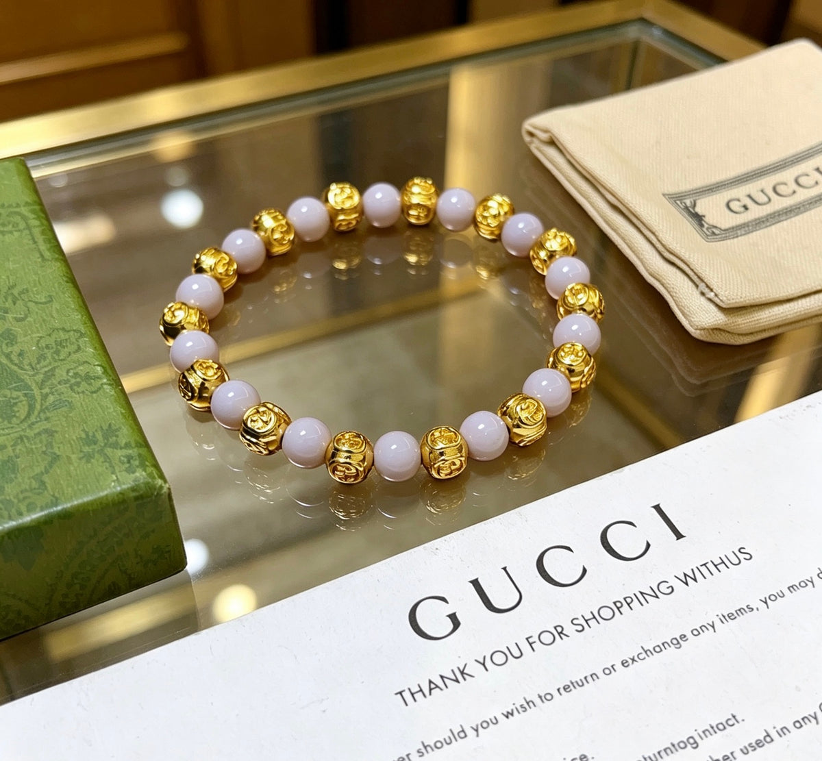 Double-G Emblem Beaded Bracelet in Polished Metal-Tone – Agate Detail – Design 002 front product view