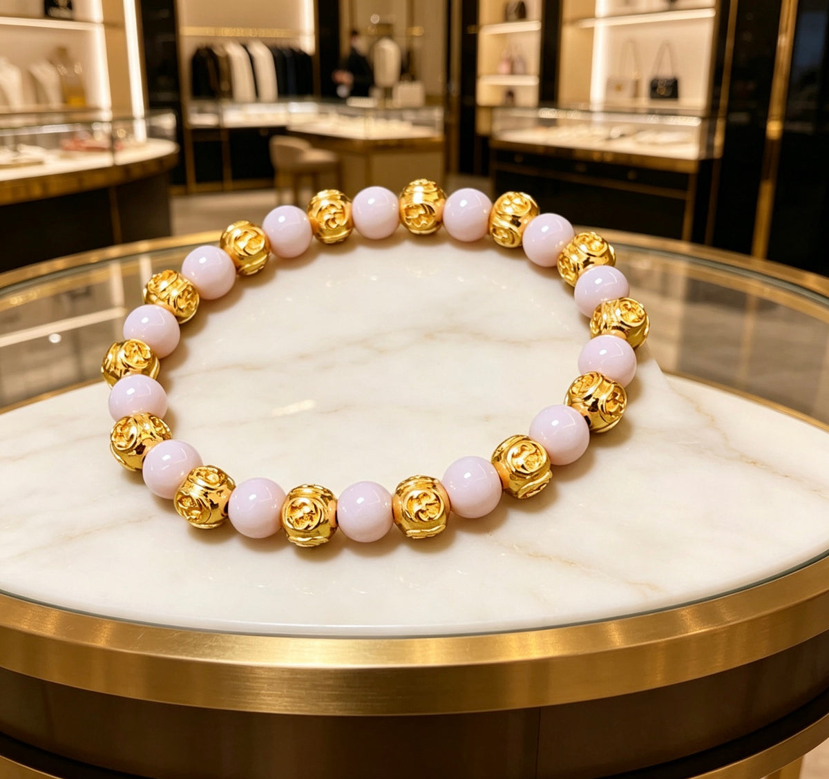 Double-G Emblem Beaded Bracelet in Polished Metal-Tone – Agate Detail – Design 002 front product view