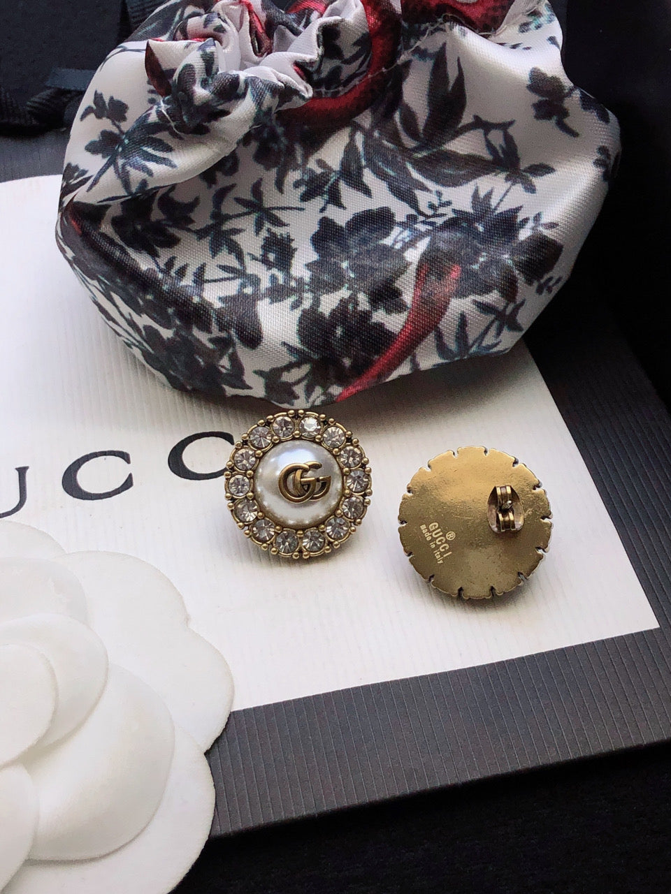 Letter Emblem Stud Earrings in Polished Metal-Tone side detail