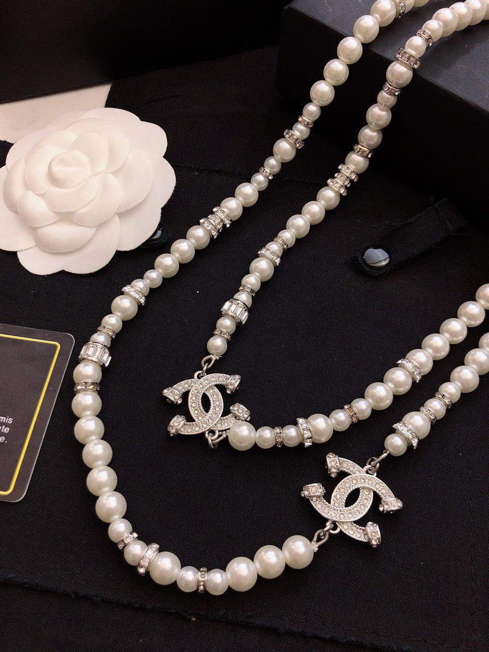 Double-C Emblem Pearl-Detail Pendant Necklace – Pearl Detail – Design 090 front product view