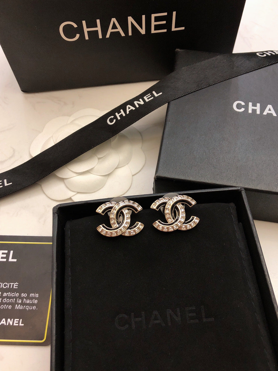 Double-C Emblem Crystal-Accent Stud Earrings – Black Detail main product view