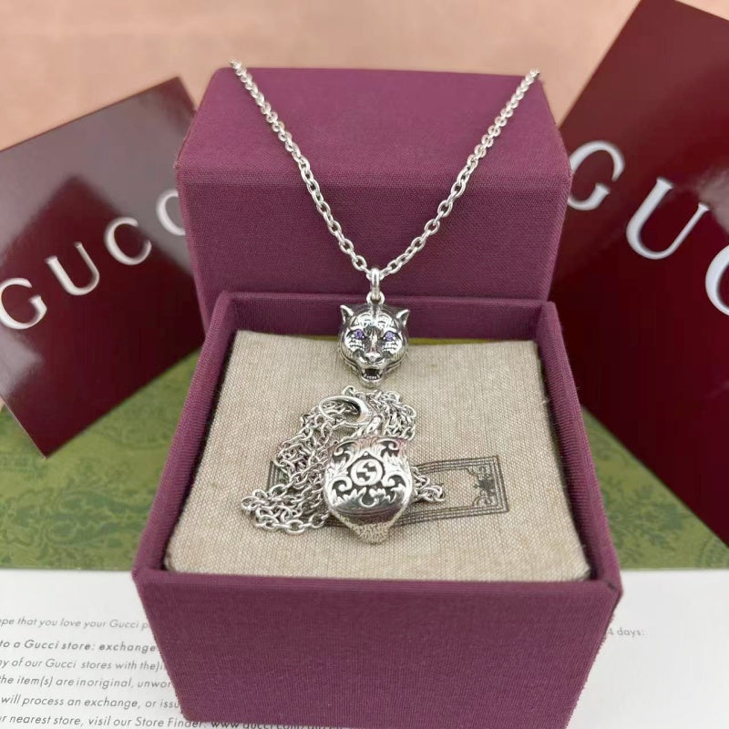 Tiger Head Pendant Necklace in Polished Metal-Tone styled product view